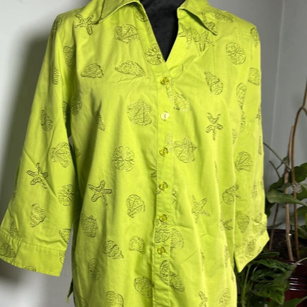 Breckenridge Petites Sz PM Button Up Sea Life Top LimeGreen Mother's Day Sea Lif